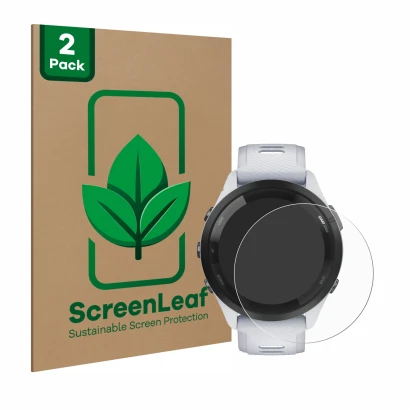 Front side of a product packaging with the brand logo ScreenLeaf. Next to it is the device Garmin Forerunner 265 (46 mm) shown