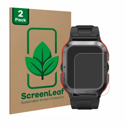 Front side of a product packaging with the brand logo ScreenLeaf. Next to it is the device Kospet Tank M2 shown with the corre