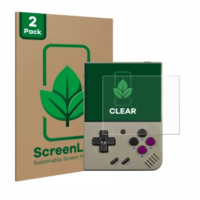 Front side of a product packaging with the brand logo ScreenLeaf. Next to it is the device Miyoo Mini Plus shown with the corr