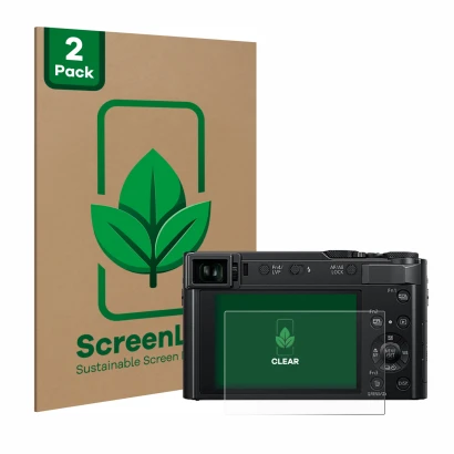 Front side of a product packaging with the brand logo ScreenLeaf. Next to it is the device Panasonic Lumix DC-TZ202D shown wit