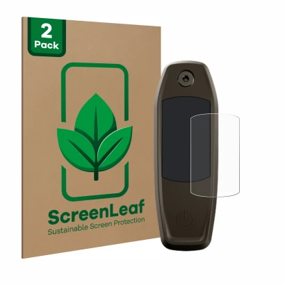 Front side of a product packaging with the brand logo ScreenLeaf. Next to it is the device Specialized Mastermind TCU shown wi