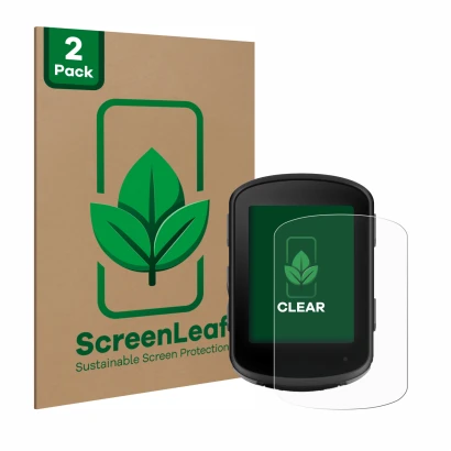 Front side of a product packaging with the brand logo ScreenLeaf. Next to it is the device Garmin Edge 840 shown with the corr