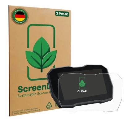 Front side of a product packaging with the brand logo ScreenLeaf. Next to it is the device Ducati Multistrada V4 2021+ shown w