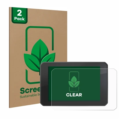 Front side of a product packaging with the brand logo ScreenLeaf. Next to it is the device FIT-EBIKE Display Comfort shown wit