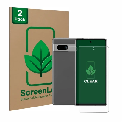 Front side of a product packaging with the brand logo ScreenLeaf. Next to it is the device Google Pixel 7a (Front+Camera) show