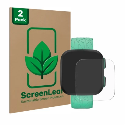 Front side of a product packaging with the brand logo ScreenLeaf. Next to it is the device Garmin Bounce shown with the corres