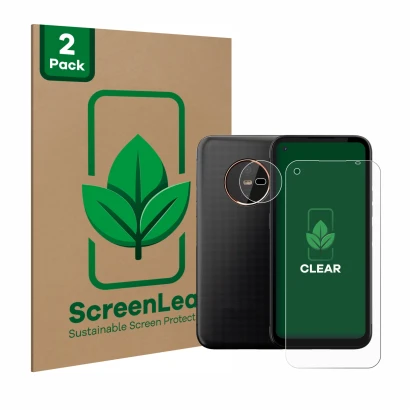 Front side of a product packaging with the brand logo ScreenLeaf. Next to it is the device Gigaset GX6 (Front+Camera) shown wi