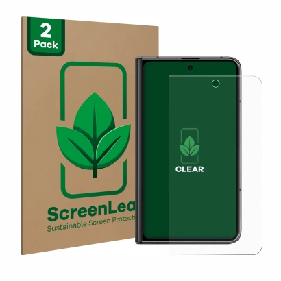 Front side of a product packaging with the brand logo ScreenLeaf. Next to it is the device Google Pixel Fold (Outer display) s