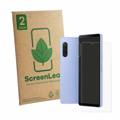 Front side of a product packaging with the brand logo ScreenLeaf. Next to it is the device Sony Xperia 10 V (Front+Camera) sho