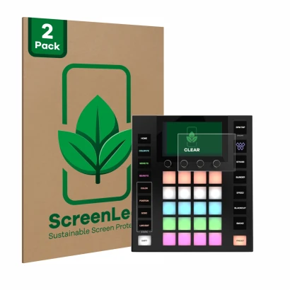 Front side of a product packaging with the brand logo ScreenLeaf. Next to it is the device Wolfmix W1 shown with the correspon