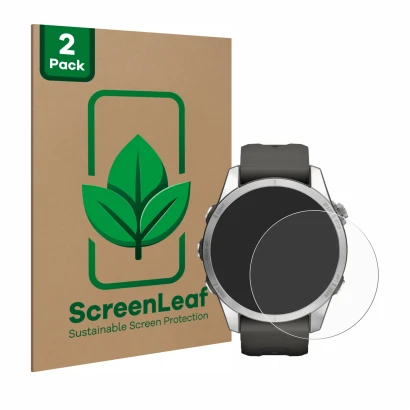 Front side of a product packaging with the brand logo ScreenLeaf. Next to it is the device Garmin Fenix 7S Pro Solar (42 mm) s
