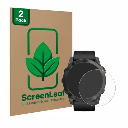 Front side of a product packaging with the brand logo ScreenLeaf. Next to it is the device Garmin Fenix 7X Pro Solar (51 mm) s