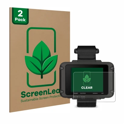 Front side of a product packaging with the brand logo ScreenLeaf. Next to it is the device Garmin Foretrex 801 shown with the 