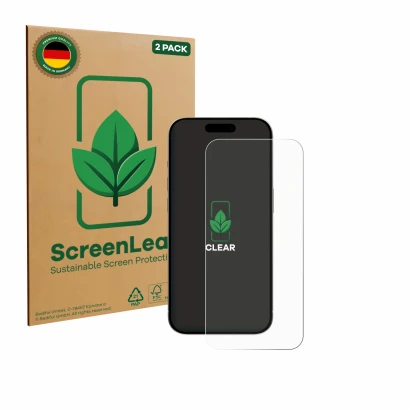 Front side of a product packaging with the brand logo ScreenLeaf. Next to it is the device Apple iPhone 15 shown with the corr