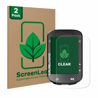 Front side of a product packaging with the brand logo ScreenLeaf. Next to it is the device iGPSPORT BSC300 shown with the corr