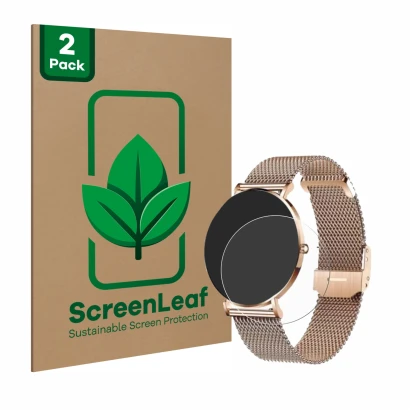 Front side of a product packaging with the brand logo ScreenLeaf. Next to it is the device Xcoast X-Watch Siona 2 shown with t
