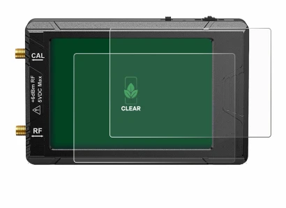 Image of the device tinySA ultra spectrum analyser with a wide variety of screen protectors.