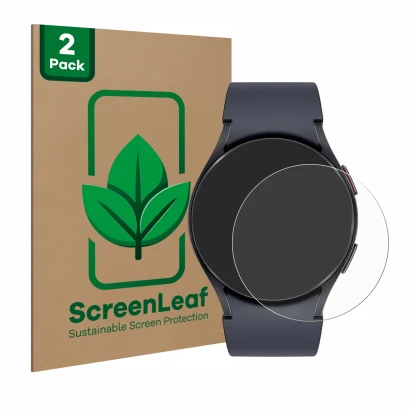 Front side of a product packaging with the brand logo ScreenLeaf. Next to it is the device Samsung Galaxy Watch 6 (40 mm) show