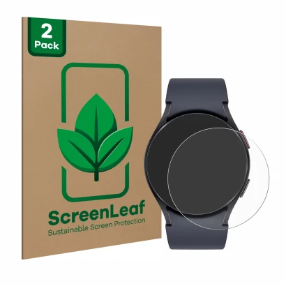 Front side of a product packaging with the brand logo ScreenLeaf. Next to it is the device Samsung Galaxy Watch 6 (44 mm) show