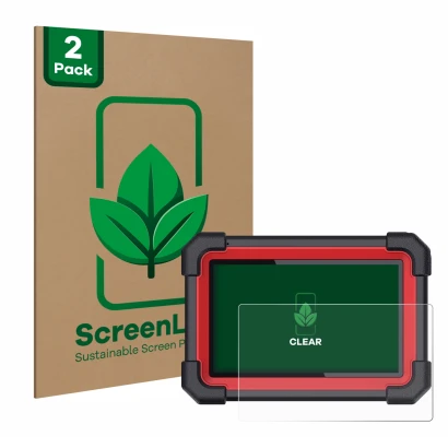 Front side of a product packaging with the brand logo ScreenLeaf. Next to it is the device Launch X-431 CRP 919E BT shown with