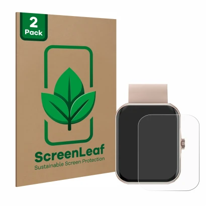 Front side of a product packaging with the brand logo ScreenLeaf. Next to it is the device Mutoy Smartwatch 1.83