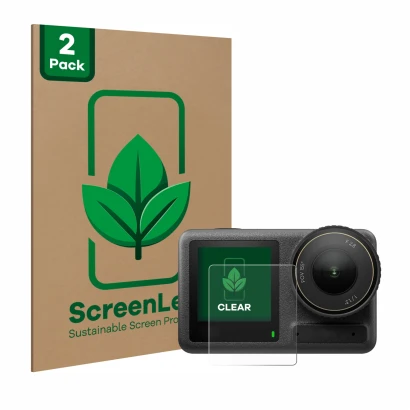 Front side of a product packaging with the brand logo ScreenLeaf. Next to it is the device DJI Osmo Action 4 (Front display) s