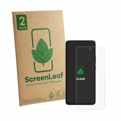 Front side of a product packaging with the brand logo ScreenLeaf. Next to it is the device Motorola Moto G84 shown with the co