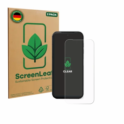 Front side of a product packaging with the brand logo ScreenLeaf. Next to it is the device Fairphone 5 shown with the correspo