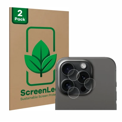 Front side of a product packaging with the brand logo ScreenLeaf. Next to it is the device Apple iPhone 15 Pro (ONLY Camera Le
