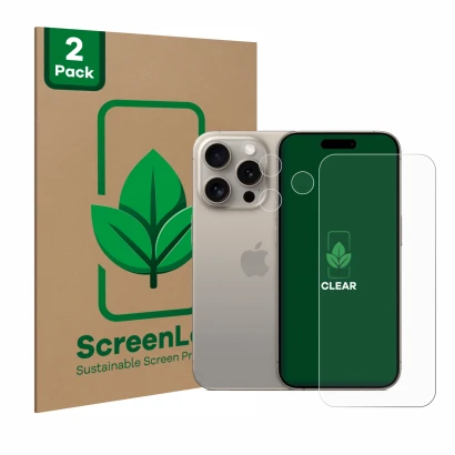 Front side of a product packaging with the brand logo ScreenLeaf. Next to it is the device Apple iPhone 15 Pro (Front+Camera) 