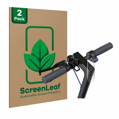 Front side of a product packaging with the brand logo ScreenLeaf. Next to it is the device Xiaomi Mi 4 E-Scooter shown with th