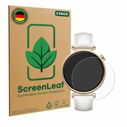 Front side of a product packaging with the brand logo ScreenLeaf. Next to it is the device Huawei Watch GT 4 (41mm) shown with