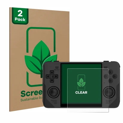 Front side of a product packaging with the brand logo ScreenLeaf. Next to it is the device Powkiddy RGB30 shown with the corre