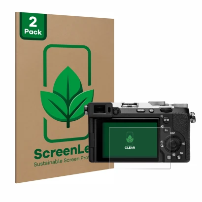 Front side of a product packaging with the brand logo ScreenLeaf. Next to it is the device Sony Alpha 7C II (ILCE-7CM2) shown 