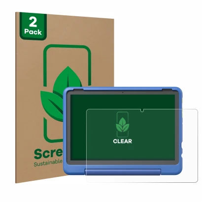Front side of a product packaging with the brand logo ScreenLeaf. Next to it is the device Amazon Fire HD 10 Kids Pro 2023 sho
