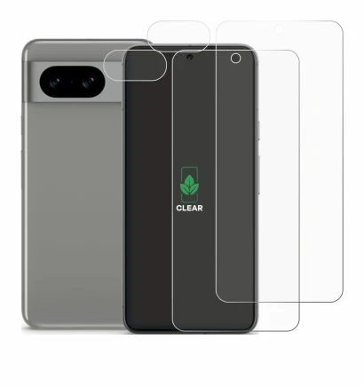 Image of the device Google Pixel 8 (Front+Camera) with a wide variety of screen protectors.