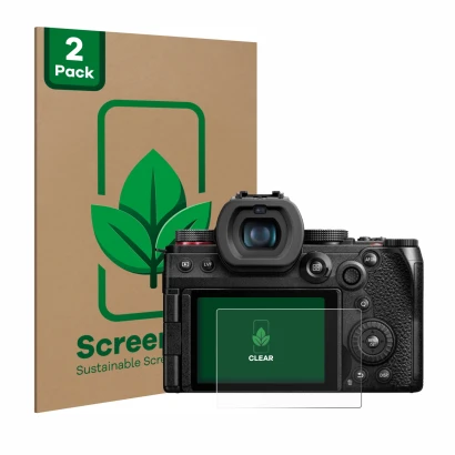Front side of a product packaging with the brand logo ScreenLeaf. Next to it is the device Panasonic Lumix DC-G9 II shown with
