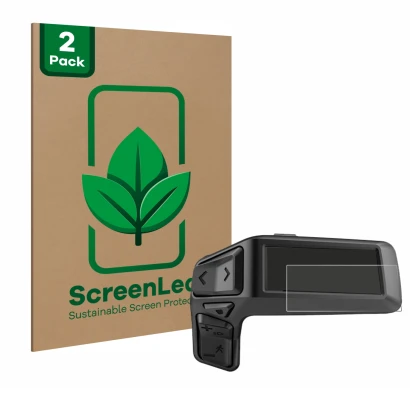 Front side of a product packaging with the brand logo ScreenLeaf. Next to it is the device Bosch Purion 200 shown with the cor