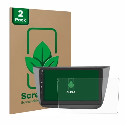 Front side of a product packaging with the brand logo ScreenLeaf. Next to it is the device Topway Android CarPlay (9") shown w