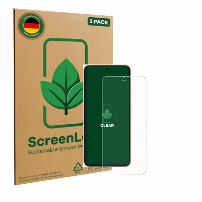Front side of a product packaging with the brand logo ScreenLeaf. Next to it is the device Google Pixel 8 (case-friendly) show