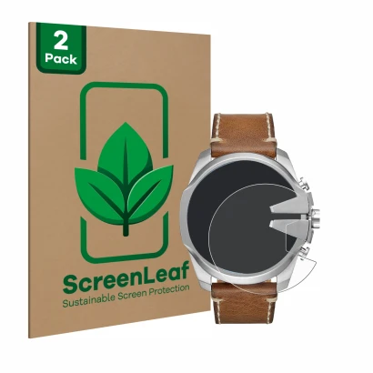 Front side of a product packaging with the brand logo ScreenLeaf. Next to it is the device Diesel Mega Chief shown with the co