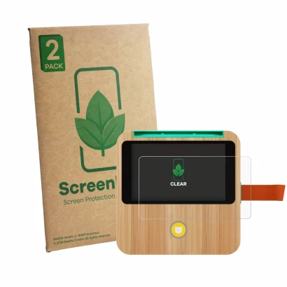 Front side of a product packaging with the brand logo ScreenLeaf. Next to it is the device tigerbox Touch Plus shown with the 