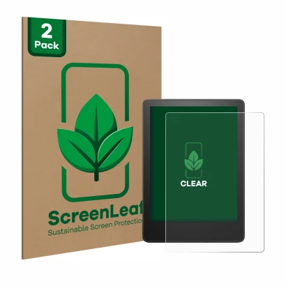 Front side of a product packaging with the brand logo ScreenLeaf. Next to it is the device Amazon Kindle Paperwhite 2023 (11th