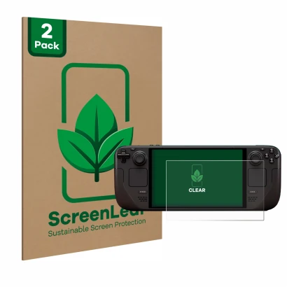 Front side of a product packaging with the brand logo ScreenLeaf. Next to it is the device Valve Steam Deck OLED shown with th