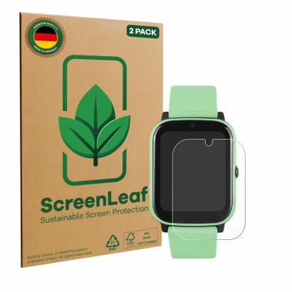 Front side of a product packaging with the brand logo ScreenLeaf. Next to it is the device One2Track Connect NEXT shown with t