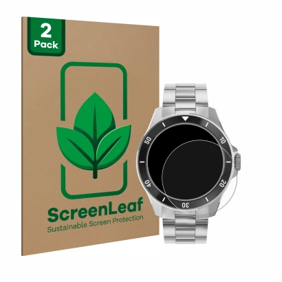 Front side of a product packaging with the brand logo ScreenLeaf. Next to it is the device Withings ScanWatch Nova (42 mm) sho
