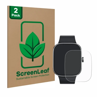 Front side of a product packaging with the brand logo ScreenLeaf. Next to it is the device Xiaomi Redmi Watch 4 shown with the