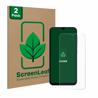 Front side of a product packaging with the brand logo ScreenLeaf. Next to it is the device Samsung Galaxy A15 5G shown with th