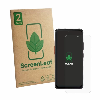 Front side of a product packaging with the brand logo ScreenLeaf. Next to it is the device Samsung Galaxy XCover 7 shown with 