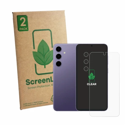 Front side of a product packaging with the brand logo ScreenLeaf. Next to it is the device Samsung Galaxy S24 (Front+Camera) s